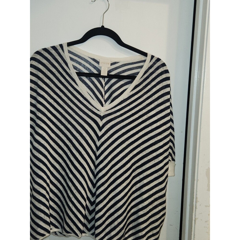 Chico's Women's 0(4/6) White/Navy Striped Linen Blend V-Neck Dolman ‎ Sleeve Top